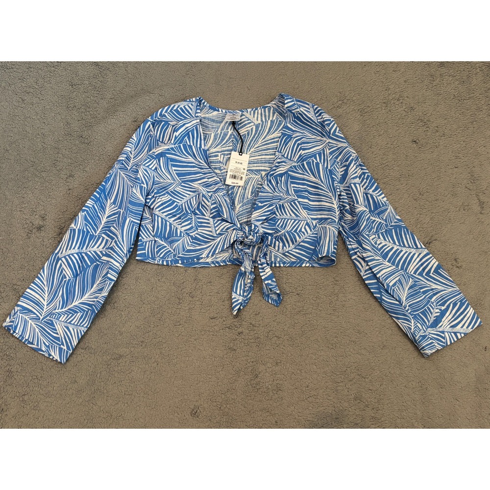 Shade & Shore Womens Blue White Tropical Palm Linen Blend Tie Front Crop Top S